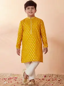 Manyavar Teens Boys Mustard Yellow Floral Printed Chanderi Silk Kurta with Pyjama
