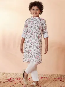Manyavar Boys Off White Floral Printed Kurta with Pyjamas