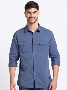 SPYKAR Men Blue Slim Fit Solid Cotton Casual Shirt