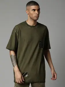 Breakbounce Men Olive Green Solid Pure Cotton Oversized T-shirt