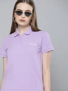 Levis Women Lavender Brand Logo Polo Collar Pure Cotton T-shirt