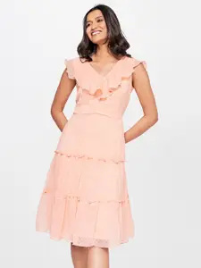 AND Tiered Gathered V-Neck Fit and Flare Dress