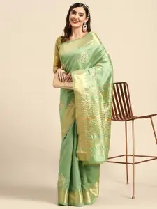 RAJGRANTH Lime Green & Gold-Toned Ethnic Motifs Sequinned Chanderi Saree