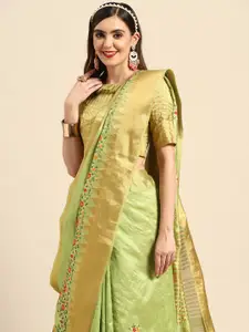 RAJGRANTH Lime Green Floral Embroidered Silk Cotton Chanderi Saree