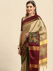 RAJGRANTH Beige & Maroon Floral Embroidered Silk Cotton Chanderi Saree