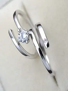 Mahi Set Of 2 Rhodium-Plated CZ-Studded Couple Adjustable Finger Ring