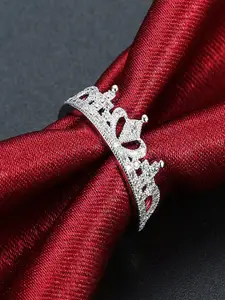 Mahi Royal Crown Designer Rhodium-Plated CZ-Studded Adjustable Finger Ring