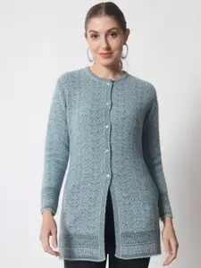 BROOWL Women Geometric Self Design Woolen Longline Cardigan Sweater
