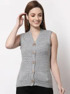 Kalt Women Grey & Brown Cable Knit Sleeveless Acrylic Cardigan Sweater