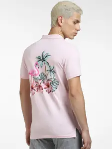 Jack & Jones Men Pink Printed V-Neck Slim Fit Cotton T-shirt