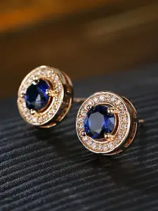 OOMPH OOMH Gold-Toned & Blue CZ Stone-Studded Stud Earrings