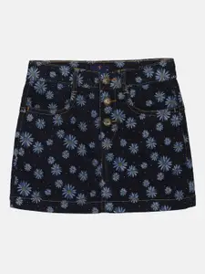 KiddoPanti Girls Floral Printed Denim Knee-Length A-Line Skirts