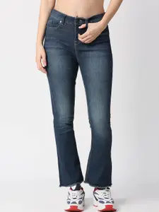 Pepe Jeans Women Flared High-Rise Low Distress Cotton Heavy Fade Jeans