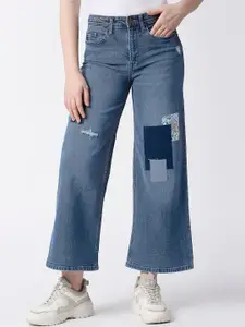 Pepe Jeans Women Wide Leg High-Rise Low Distress Heavy Fade Applique Jeans