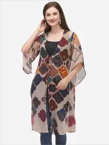 Fbella Women Geometric Printed Longline Tie-Up Shrug