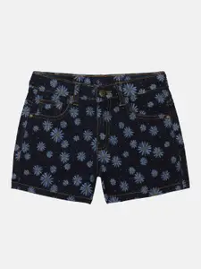 KiddoPanti Girls Floral Printed Denim Shorts