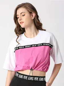 Pepe Jeans Women Colourblocked Drop-Shoulder Sleeves Cotton T-shirt