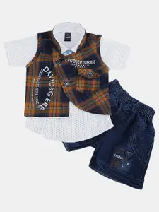V-Mart Infant Boys Printed Pure Cotton Shirt & Shorts With Waistcoat