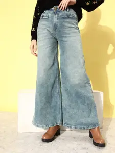 DressBerry Women Sky Blue We May Party Wide Leg Heavy Fade Stretchable Jeans