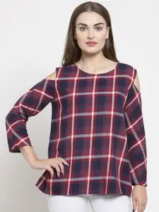 Purple State Checked Cold-Shoulder Regular Top
