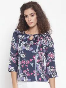 Purple State Floral Printed Tie-Up Neck Ruffles Top