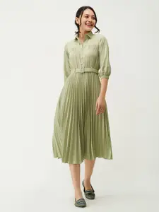 AASK Green Accordion Pleated Belted Shirt Midi Dress