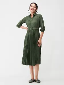 AASK Puff Sleeves Belted Shirt Midi Dress