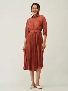 AASK Puff Sleeves Belted Shirt Midi Dress
