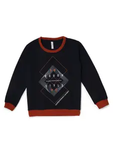 earth conscious Boys Navy Blue Typography Printed V-Neck Applique T-shirt