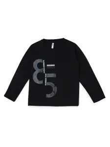 earth conscious Boys Black Typography Printed V-Neck Applique T-shirt
