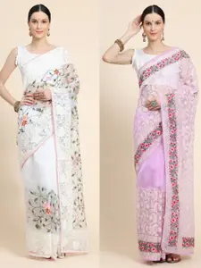 Vastrasky Global Pack Of 2 Floral Embroidered Silk Cotton Mysore Silk Saree