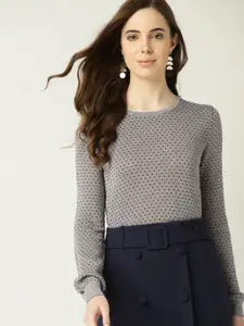 MANGO Women Grey & Navy Blue Shimmered Self Design Sweater