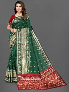 Grubstaker Green & Red Woven Design Zari Jute Silk Fusion Patola Saree