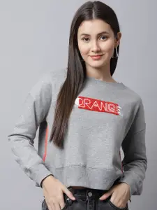 DOOR74 Women Grey Melange Printed Sweatshirt