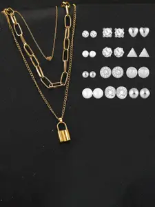 Jewels Galaxy Set Of 12 Gold-Plated Layered Necklace & Silver-Plated Studs Set