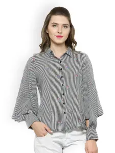 Gipsy Women Black & White Regular Fit Striped Casual Shirt