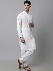 Jompers Men Leheriya Embroidered Chikankari Pure Cotton Kurta with Pyjamas