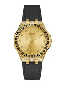 GUESS Women  Embellished Dial & Black Leather Straps Analogue Watch