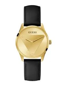 GUESS Women Gold-Toned Printed Dial & Black Leather Straps Analogue Watch GW0399L3-Black