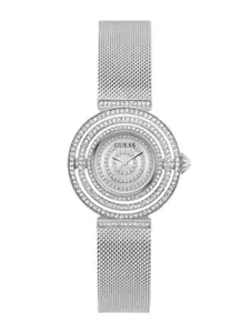 GUESS Women Silver-Toned Embellished Dial & Silver Toned Bracelet Style Straps Analogue Watch