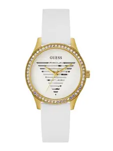 GUESS Women Embellished Dial & White Leather Straps Analogue Watch- GW0530L6