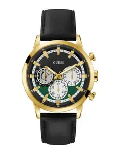 GUESS Men Gold-Toned Embellished Dial & Black Leather Straps Analogue Watch