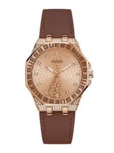 GUESS Women  Embellished Dial & Brown Leather Straps Analogue Watch
