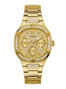 GUESS Women Gold-Toned Embellished Dial & Gold Toned Stainless Steel Straps Analogue Watch