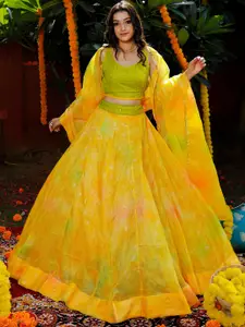 Indi INSIDE Yellow & Green Embroidered Sequinned Foil Print Ready to Wear Lehenga & Unstitched Blouse With