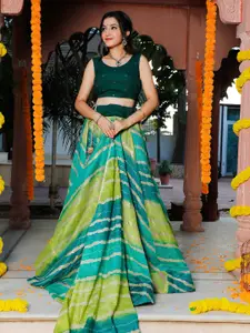 Indi INSIDE Green & Blue Embroidered Beads and Stones Foil Print Ready to Wear Lehenga & Unstitched Blouse
