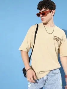 Kook N Keech Earthy Beige Hyper Hypo Drop-Shoulder Sleeves Pure Cotton Oversized T-shirt