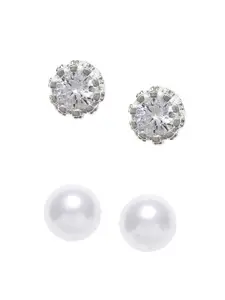 OOMPH Set Of 2 Silver-Plated Cubic Zirconia & Pearl Contemporary Studs Earrings