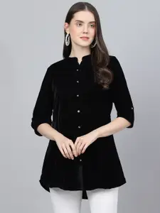 Divena Plus Size Mandarin Collar Roll-Up Sleeves Shirt Style Longline Top