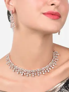 AMI Rose Gold-Plated Cubic Zirconia Studded Contemporary Necklace & Earring Set
